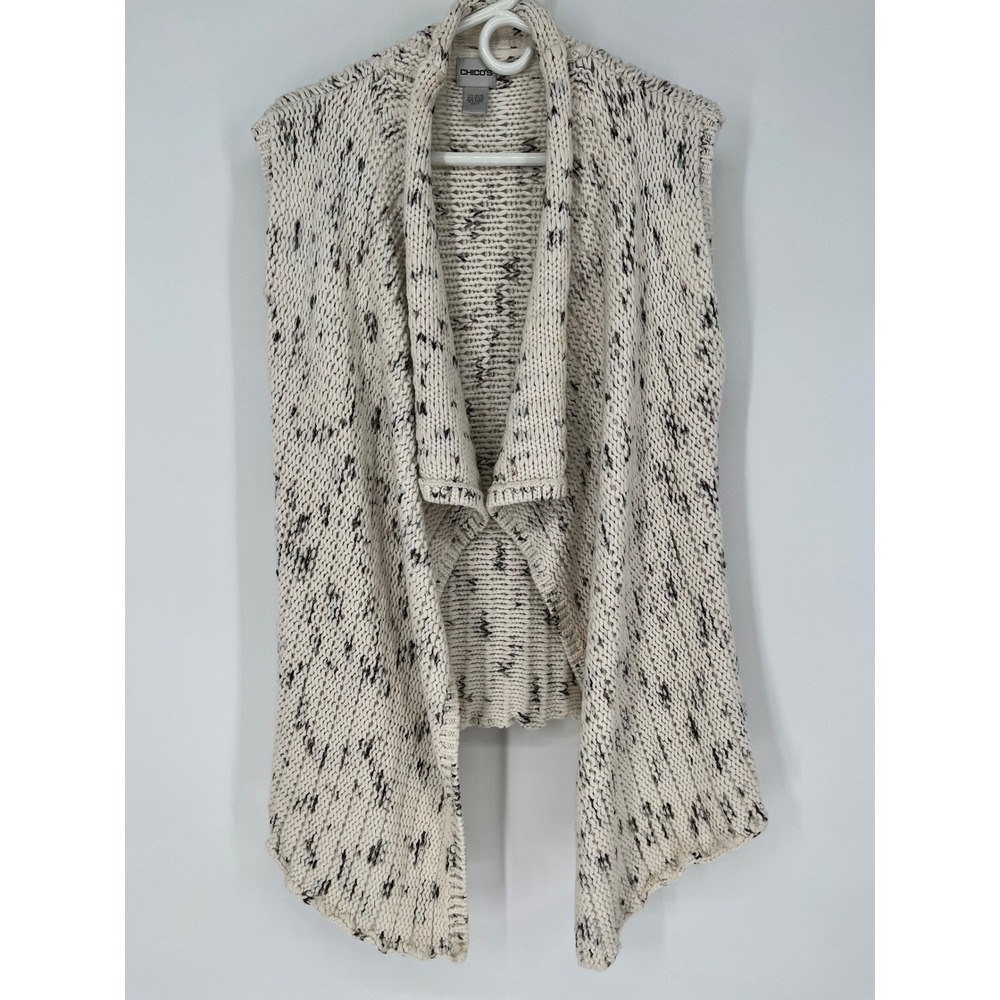 CHICO'S Cardigan Vest Women Small Cream Black Space Dye Open Front Chunky Knit